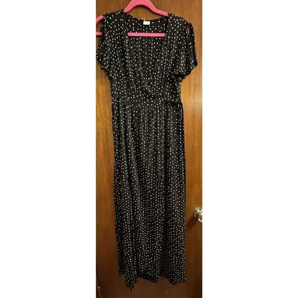Patrons Of Peace Dress Large Faux Wrap Hi Lo Black Polka Dot Surplice Tie Back - Picture 3 of 9